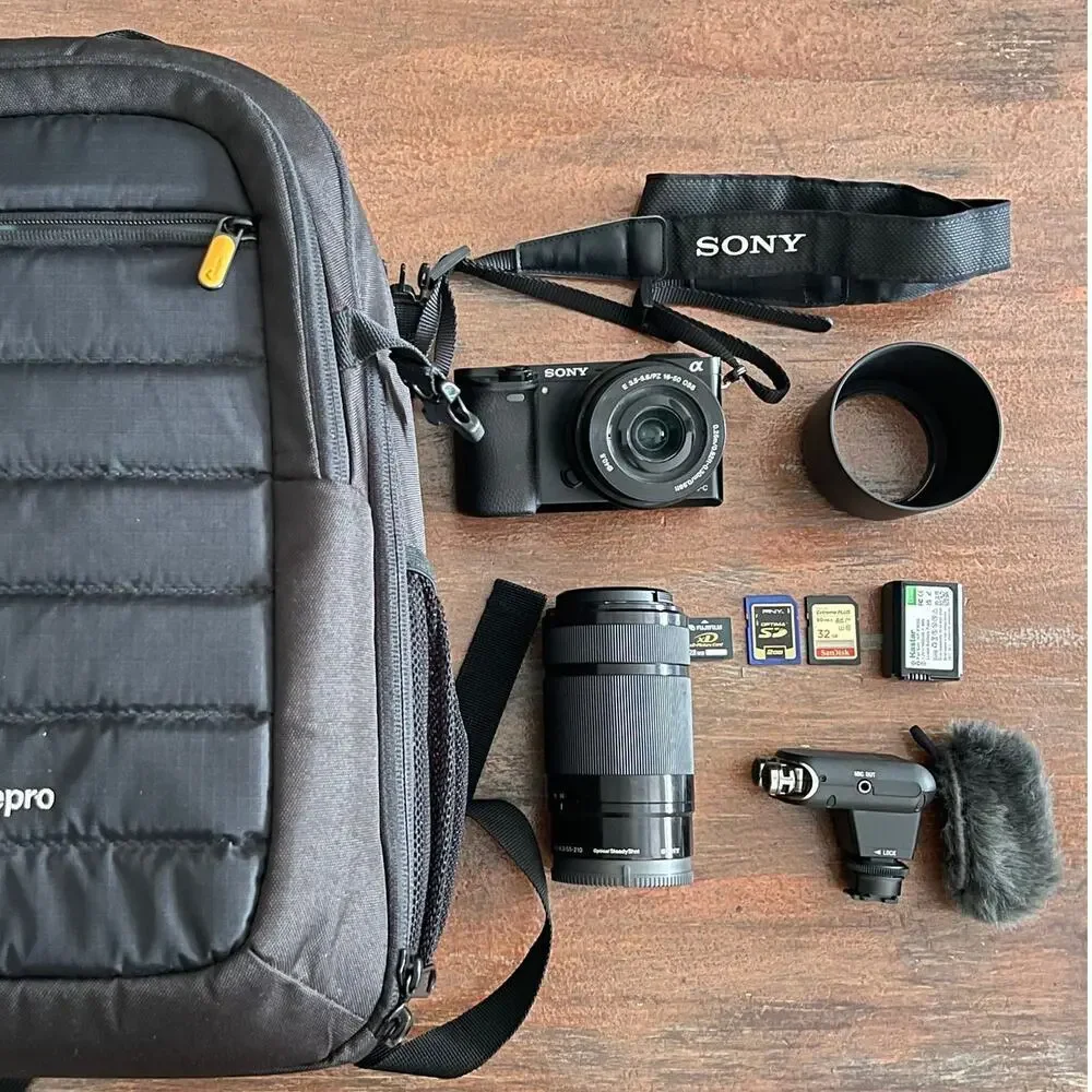 SONY A-6000 Camera PARTS ONLY 24.3mp w/ Acc. Sony Microphone + 2 Lens & More